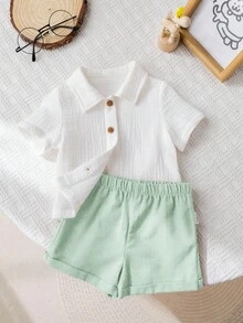 2 件套新生男婴夏季休闲纯色衬衫和短裤套装，适合生日派对、晚会、表演、婚礼、 1 个月庆祝、洗礼和 1 岁生日庆祝、迎婴派对、婚礼嘉宾、花童、戒指持有人 - 彩色 - 查看 9