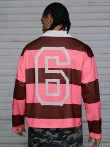 AXEPEAK 男士休闲时尚街头风格撞色条纹印花长袖 Polo 衫，适合秋季 - 粉色 - 查看 1