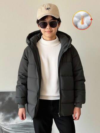 Genkimix Kids 秋冬新款简约厚连帽夹克，适合青少年男孩休闲宽松拉链外套