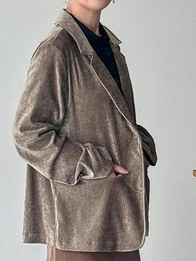 FRIFUL Women's Loose Fit Casual Velvet Blazer Jacket, Brown, Versatile For Business And Social Occasions, Fashionable Autumn Wear