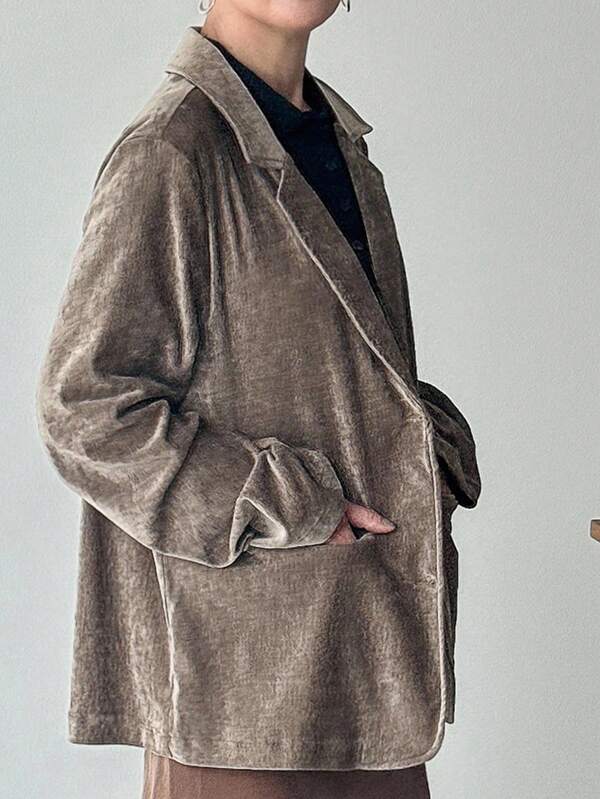 FRIFUL Women's Loose Fit Casual Velvet Blazer Jacket, Brown, Versatile For Business And Social Occasions, Fashionable Autumn Wear