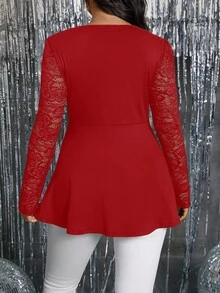 Rometta Women's V-Neck Lace Patchwork Ruffle Sleeve Blouse - Red - View 2