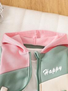 SHEIN Playful Pals 3 件套休闲运动风格女婴服装：拼色连帽夹克 + 白色 T 恤 + 运动裤，秋冬 - 綠色 - 查看 3