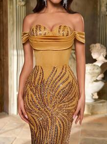 Glamrae Váy dạ hội sang trọng, đính ngọc trai và kim sa lấp lánh, trễ vai, tay loe, cổ xếp ly, viền đuôi cá, có thể điều chỉnh, phù hợp cho đám cưới, tiệc tùng, lễ tốt nghiệp và mọi dịp trang trọng - Rượu sâm banh - Xem 2