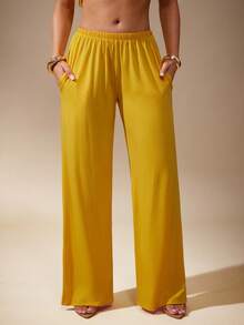 Vixey 纯色针织弹力腰带阔腿裤，带口袋 - 黃色 - 查看 3
