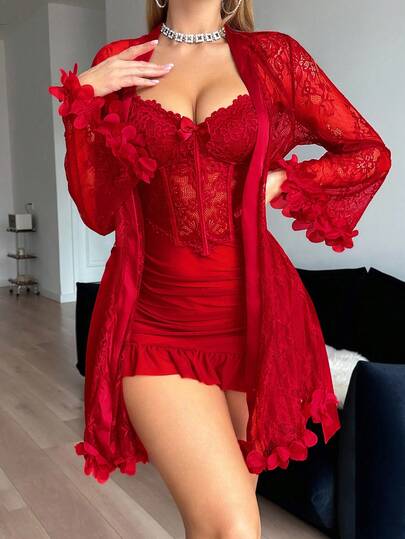 Set: 3D Bloemen Kanten Robe Fishbone Waist Camisole Nightgown Rood Lingerie Set Two Piece view 4