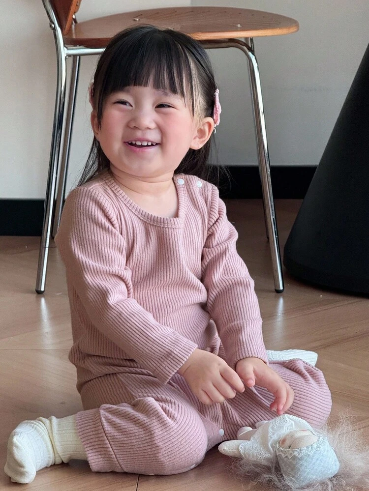 Baby Girls' Solid Color Round Neck Long Sleeve Jumpsuit Fall,Winter Toddler Girls Clothes