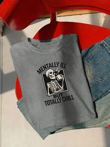 Women's Letter & Skull Graphic Round Neck Short Sleeve Casual Cropped T-Shirt - Dark Grey - View 3