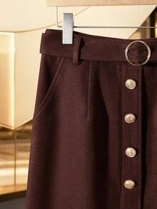Franclia Women's Elegant Autumn/Winter Commuter Straight Wool Skirt With Metal Decor Buttons And Front Center Slit - Brown - View 4