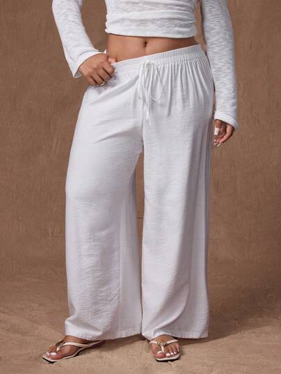 SHEIN PETITE CURVE Solid Color Casual Loose Drawstring Waist Comfortable Pants Fall Cloth For Women