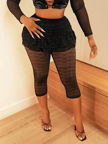 BamGleam Leggings de encaje semitransparente de 3/4 de largo para mujeres, negro sexy - Negro - Ver 3