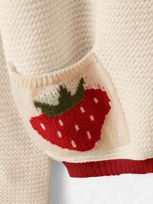 ROMWE Kawaii 女士时尚休闲可爱钩针草莓纽扣开衫 - 杏色 - 查看 3