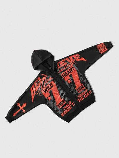 Street Life Felpa con cappuccio e chiusura lampo da uomo, stile retrò da strada, con stampa di lettere e numeri, autunno