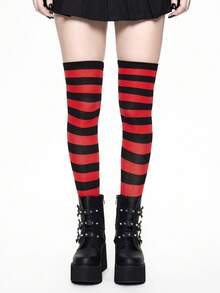 ROMWE Grunge Punk 1 Pair Gothic Style Red & Black Wide Striped Over-The-Knee Socks - Multicolor - View 5