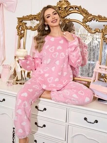 SweetSlumber Women Heart-Shaped Plush Fluffy Pajama Set, Long Sleeve Top & Long Pants Heart Cute Comfy Fluffy Pajama Set, Fall Winter Clothes, Cozy Outfit - Pink - View 4