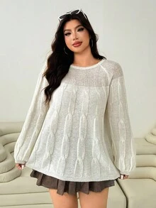 SHEIN EZwear 大码休闲纯色插肩袖女式开衫秋冬装 - 杏色 - 查看 6