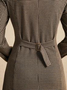 Poéselle 女式优雅千鸟格领长袖单排扣通勤连衣裙，秋季 - 棕色 - 查看 4