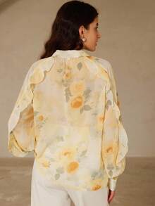 GENKIRA 复古奶油黄浪漫玫瑰花卉随机水彩印花荷叶边宽松蝙蝠袖衬衫 - 黃色 - 查看 2