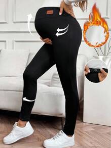 SHEIN Ropa de otoño, ropa de otoño, ropa de maternidad de otoño/invierno, ropa de maternidad de otoño, ropa de otoño, maternidad de otoño/invierno, leggings casuales con cintura ajustable y forro térmico con bordado de letras de maternidad, leggings de invierno de maternidad, leggings de maternidad, ropa deportiva de maternidad de invierno, leggings con forro térmico, ropa de embarazo para hacer ejercicio, ropa de maternidad para hacer ejercicio, ropa deportiva de embarazo - Negro - Ver 2