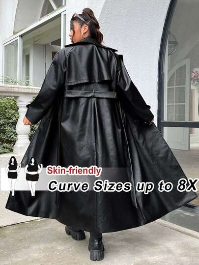 SHEIN CURVE+ 大码女式秋冬 PU 皮革束腰长款风衣带衬里大码皮革风衣女式长款皮革外套秋冬