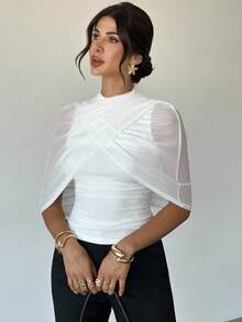 Firerie Áo lưới nhún bèo thường ngày dành cho nữ (Màu trắng) để mặc khi trở lại trường, đi làm, mặc cho giáo viên, mặc đi làm, đi chơi thường ngày, quần áo mùa thu dành cho nữ, quần thu/đông sang trọng, áo sang trọng, trang phục hẹn hò, áo cánh xã giao dành cho nữ và đàm phán kinh doanh. - trắng - Xem 7