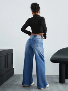 EURMUSE HIGH WAIST WIDE LEG CASUAL STYLE DENIM - Medium Wash - View 2