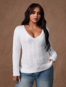 Rustia Plus Size Cute Casual Textured V-Neck Long Sleeve Sweater Fall Winter Cloth For Women Autumn - White - View 4