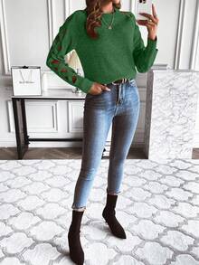 EMERY ROSE Women's Sexy Criss-Cross Hollow Out Sleeve Round Neck Sweater, Autumn/Winter Fall Cloth For Women - Green - View 4