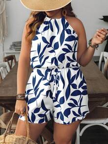 EMERY ROSE 大码休闲树叶印花连体裤，适合约会和外出