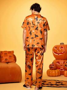 Halloween Satin Shiny Wizard Hat Funny Print Silly Pumpkin Bat Skull Family Party Cardigan Pajama Set 2pcs For Men - Orange - View 2