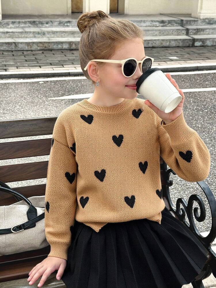 SHEIN Tween Girl Heart Pattern Drop Shoulder Round Neck Sweater And Solid Black Pleated Skirt 2 Pcs Set, For Daily Wear,Back To School, Casual Occasions, Warm For Autumn Winter, Daily Wear - Brown - View 7