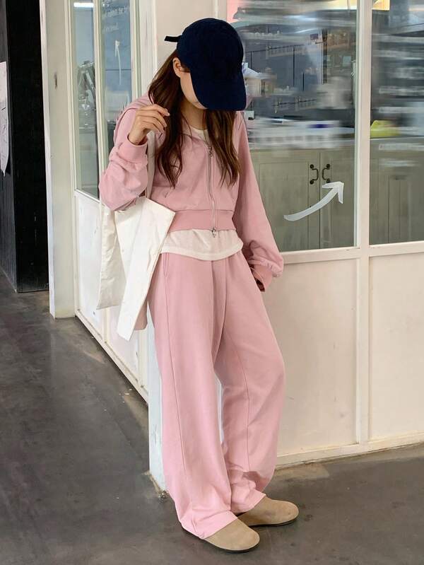 DAZY 少女休闲纯色连帽衫和运动裤套装秋季