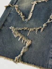 SHEIN Tween Girls Y2K Vintage Washed Star Patched Printed,Belt Loop, Frayed Edge,Denim Capri Baggy Jeans Long Shorts With Raw Hem, Casual & Fashionable For Everyday Wear,School,Streetwear, Ripped Jean Shorts, Frayed Denim Shorts, Distressed Denim Shorts, Jorts, Baggy Jean Shorts Fall Winter - Medium Wash - View 4