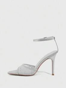 CUCCOO SZL 女士尖头优雅灰色蕾丝穆勒高跟凉鞋 - 灰色 - 查看 5