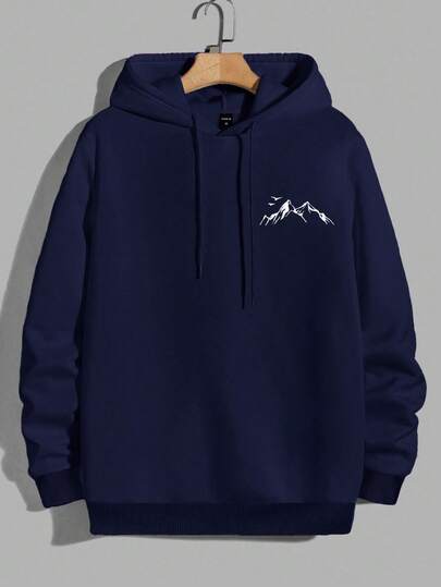 EURMUSE 100%Cotton Men's Mountain And Bird Printed Hooded Sweatshirt With Drawstring