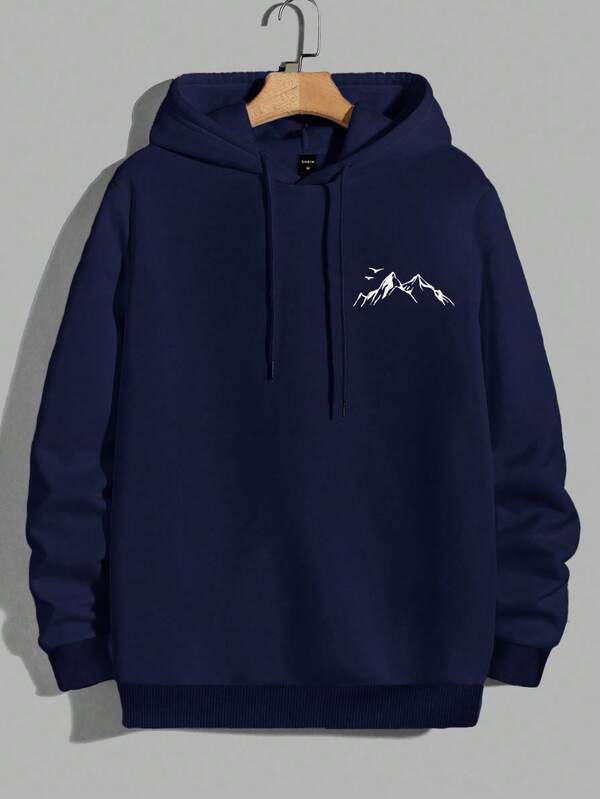 100%Cotton Men's Mountain And Bird Printed Hooded Sweatshirt With Drawstring