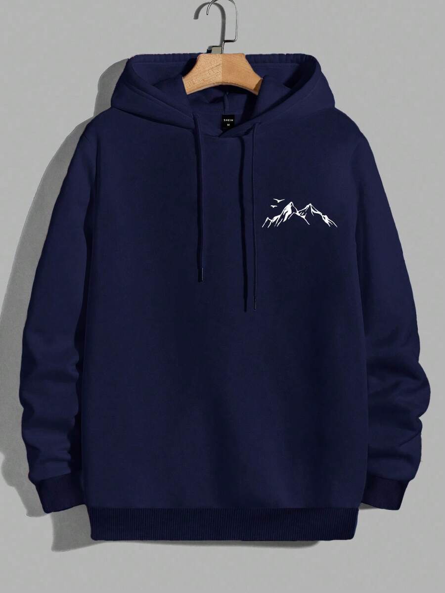 EURMUSE 100%Cotton Men's Mountain And Bird Printed Hooded Sweatshirt With Drawstring - Navy Blue - View 1