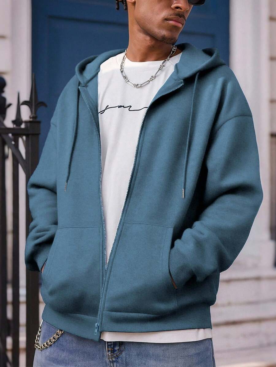 Manfinity Dauomo Sweatshirt Hoodie Lengan Panjang Pria Warna Polos Kasual Serbaguna untuk Sehari-hari, Musim Gugur - Teal Blue - View 1