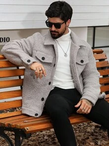 Manfinity Homme 男士休闲单排扣泰迪羊毛混纺夹克，秋冬 - 灰色 - 查看 4