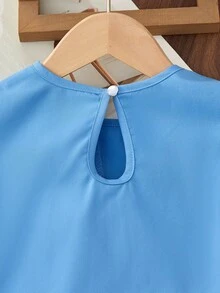 Elladie kids 年轻女孩可爱荷叶边下摆不对称下摆蝴蝶结印花休闲裤套装 - 藍色 - 查看 7