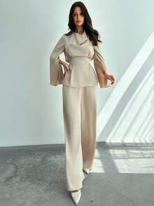 Firerie Bộ 2 món áo cánh dài tay buộc dây màu mơ và quần ống rộng cạp chun co giãn bằng vải satin cho nữ, bộ đồ áo cánh tay xẻ, bộ đồ màu mơ, trang phục thanh lịch/đi làm/thường ngày/công sở/văn phòng/vừa phải/tiệc tùng/tiệc tùng/trang phục giáo viên nữ - Màu be - Xem 8