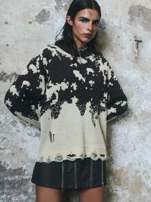 TypaGal The Distressed Knit Sweater Blends Goth And Alternative Style Into Fall Clothes, Winter Wear, And Halloween Costumes. Its Rugged Pattern Gives Character To Autumn Looks And Casual Layering. - Coffee Brown - View 4