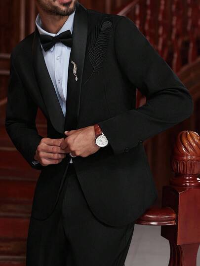 Manfinity Bizformal Conjunto de traje de hombre, con hombros bordados, vestimenta formal de negocios, adecuado para banquetes, negocios, regalo para esposo, novio. Conjunto de traje negro para hombre, chaqueta de boda para hombre, blazer de hombre, traje de hombre con bordado, traje de boda para hombre