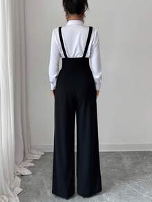 Elenzga Quần ống đứng thanh lịch lãng mạn dành cho nữ có dây đeo ở eo và nút cài trang trí - màu đen - Xem 2