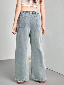 SHEIN Genkimix Kids Tween Girls Jeans, New Y2K Vintage Washed Light Blue Relaxed Straight Leg Jeans With Elastic Waistband, Comfortable And Convenient For Daily Wear, Minimalist And Versatile Design Summer Holiday - Light Wash - View 2