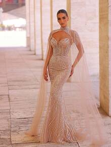 Glamrae 优雅奢华串珠亮片花卉两件套美人鱼连衣裙，适合婚礼、派对、度假、庆典、正式场合（重度装饰） - 卡其色 - 查看 4