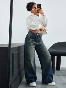 EURMUSE HIGH WAIST WIDE LEG CASUAL STYLE DENIM - Medium Wash - View 3