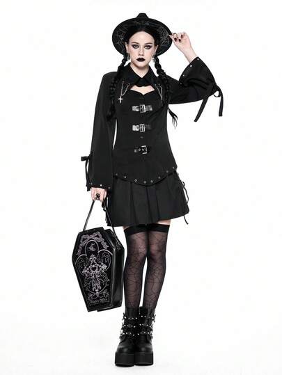 Goth Chemise slim fit pour femme avec pendentif croix gothique pour Halloween