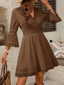 SHEIN LUNE Váy ngắn ngày lễ tay loe phối ren chắp vá màu nâu dành cho nữ - màu nâu - Xem 6