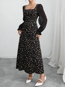 Al Najma 女式碎花方领长袖优雅阿拉伯风格连衣裙 - 黑色 - 查看 3